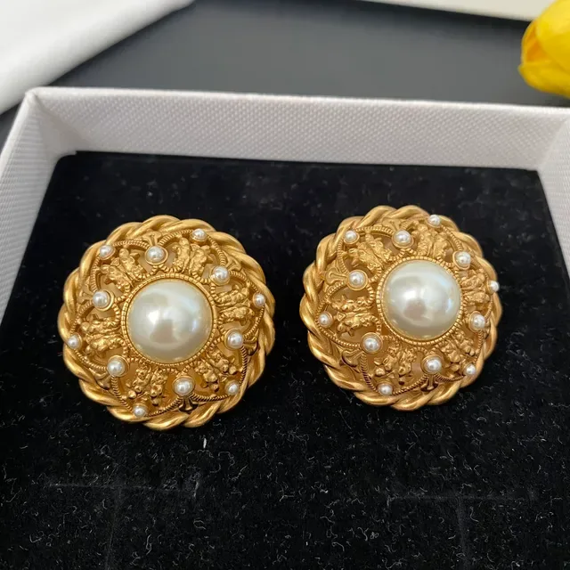 Gold-Tone Ornate Pearl-Embellished Circular Stud Earrings 5