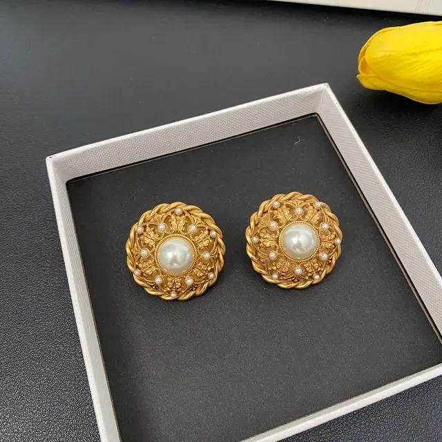 Gold-Tone Ornate Pearl-Embellished Circular Stud Earrings 7