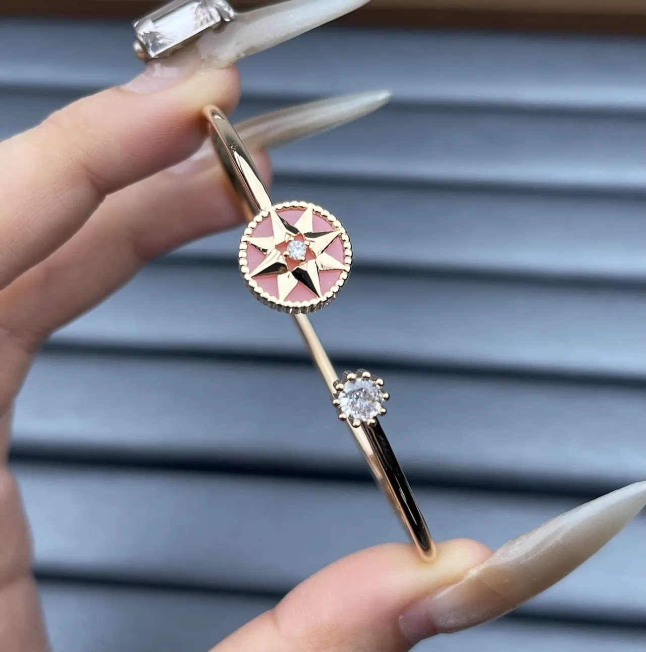 Gold-Tone Pink Enamel Compass Motif Open Bangle Bracelet 4