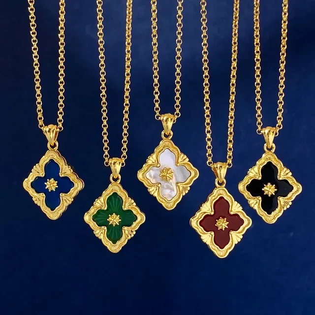 Gold-Tone Quatrefoil Enamel and Crystal Pendant Necklaces 9