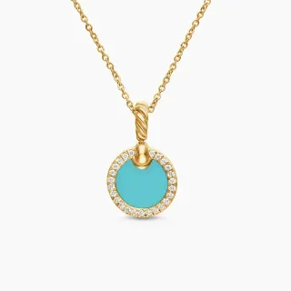 Collier avec pendentif disque halo pavé en émail turquoise et or