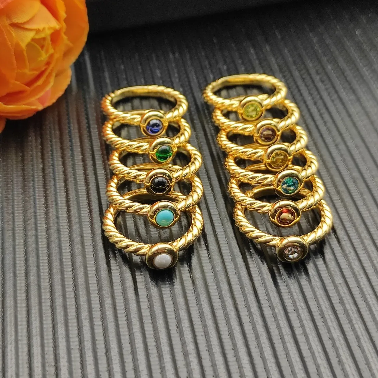 Gold-Tone Twisted Rope Band Cabochon Gemstone Stackable Rings 2