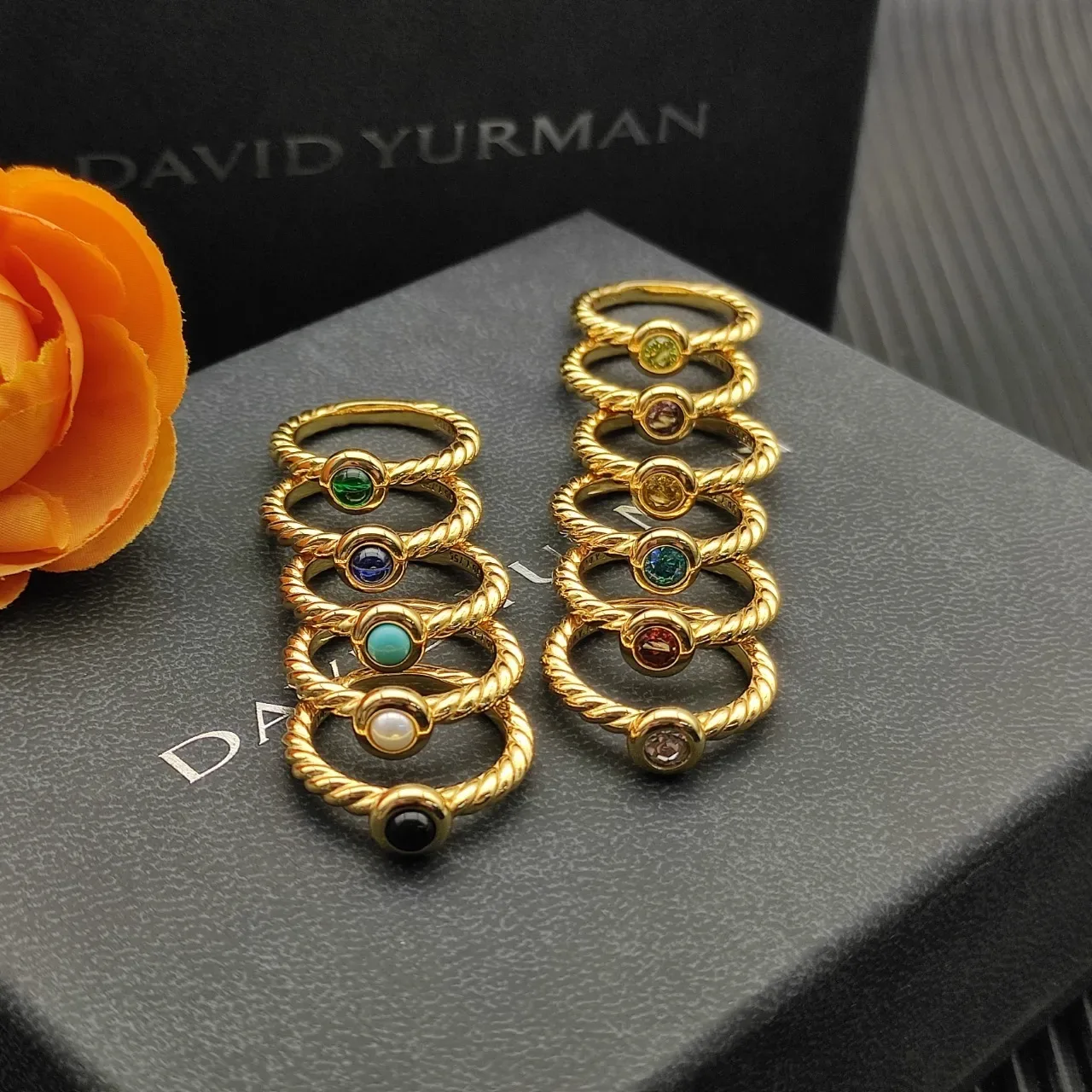 Gold-Tone Twisted Rope Band Cabochon Gemstone Stackable Rings 4