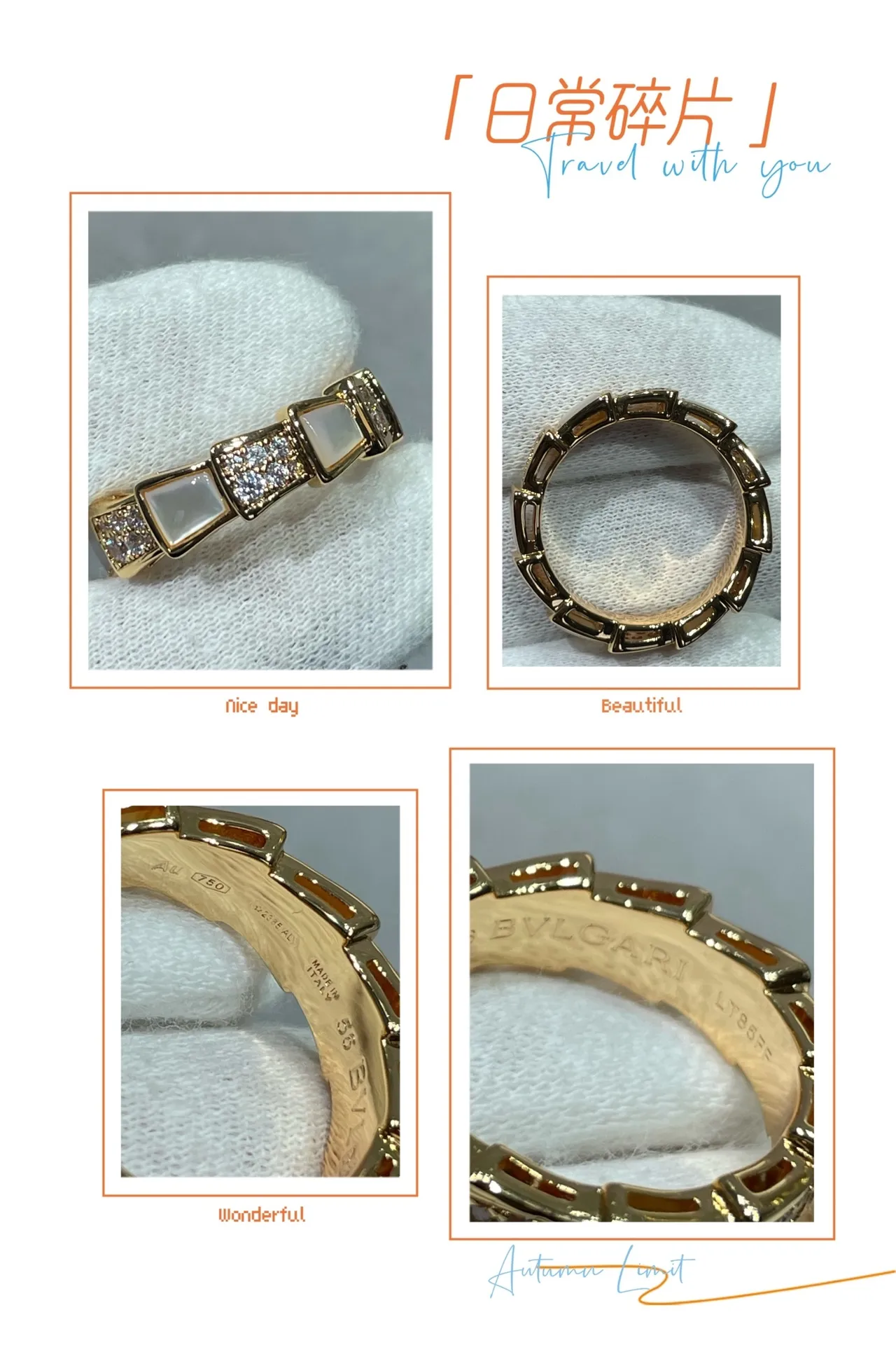 Anillo de banda segmentada geométrica dorada y blanca con inlays de madreperla 3