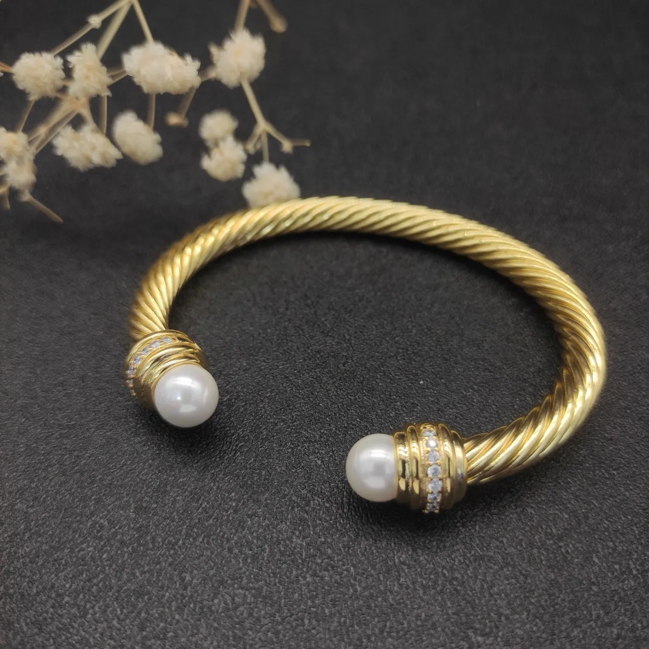 Gold White Twisted Rope Cable Pearl-Terminal Bracelet 5