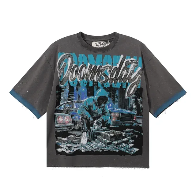 Gray Blue Oversized Fit Graphic-Print Front T-Shirt 3