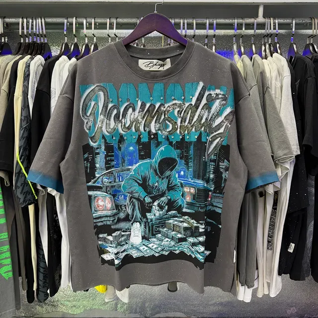 Gray Blue Oversized Fit Graphic-Print Front T-Shirt 5