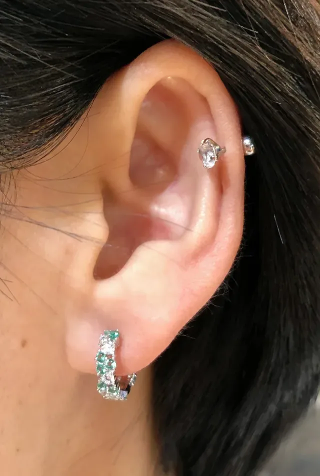 Green Gold Hoop-Style Pave-Set And Clear Stones Earrings 2