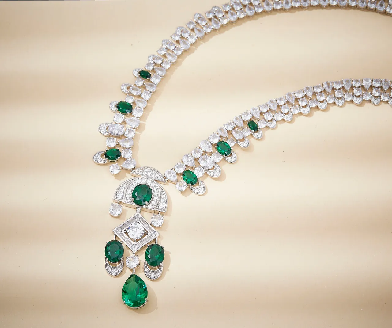 Green Silver Emerald-and-Diamond Multi-Strand Necklace 5