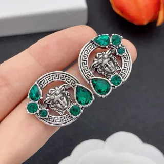 Brincos Medusa Cabeça Verde Prata Motivo Borda Chave Grega