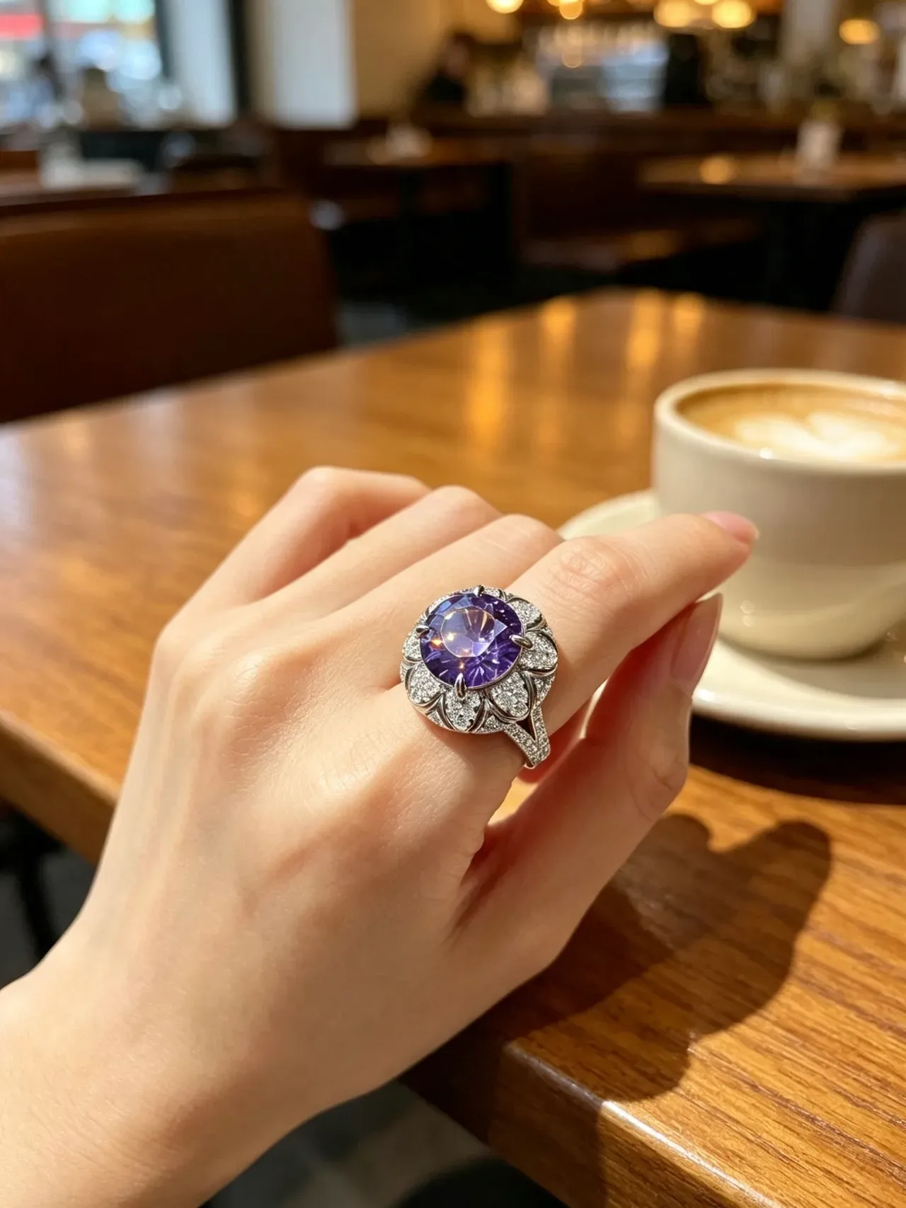 Anillo Halo Set Floral Bezels Piedra Central Morado-Azul Iridiscente 2