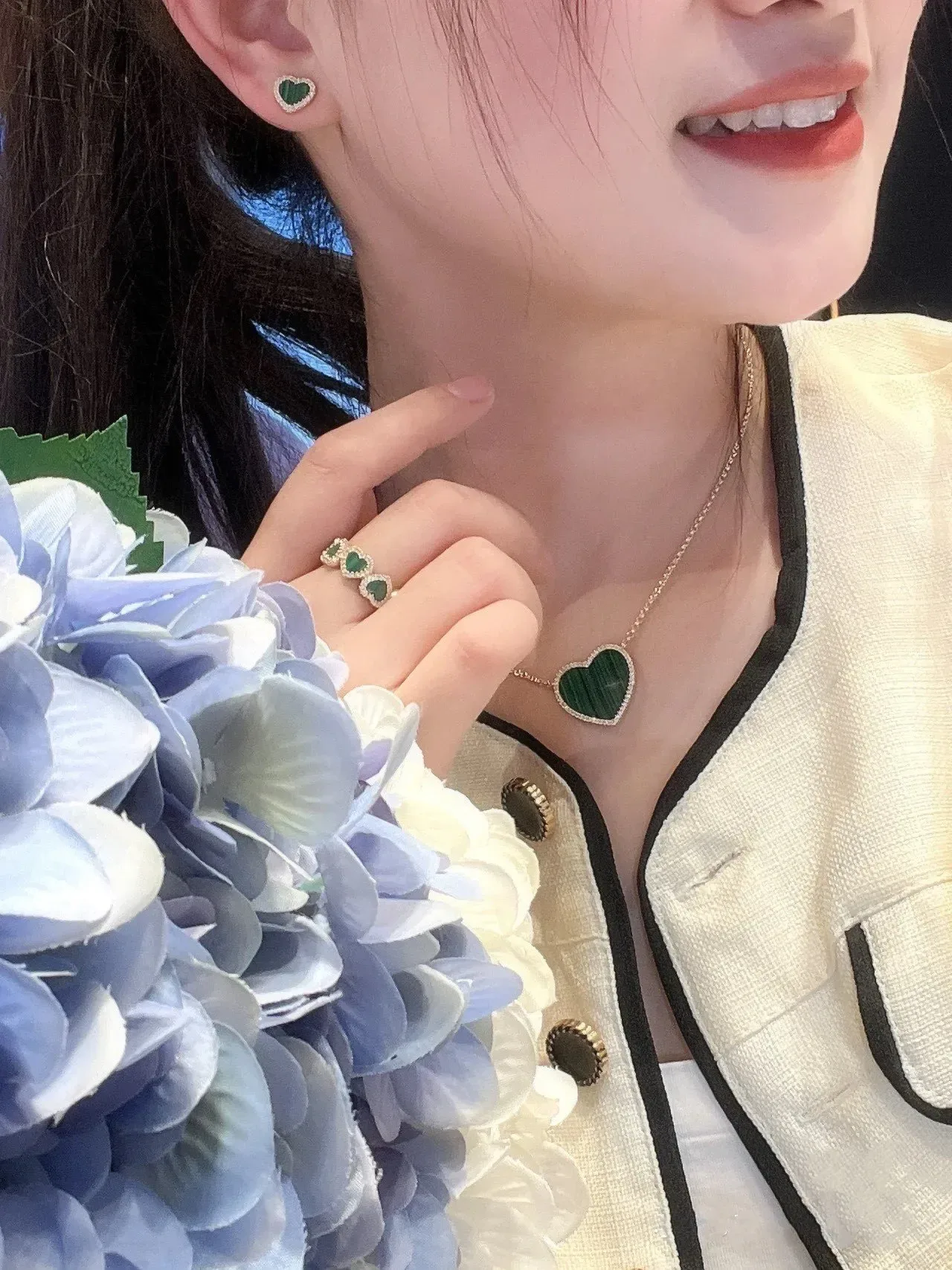 Heart-Shaped Malachite and Crystal Stud Earrings 3