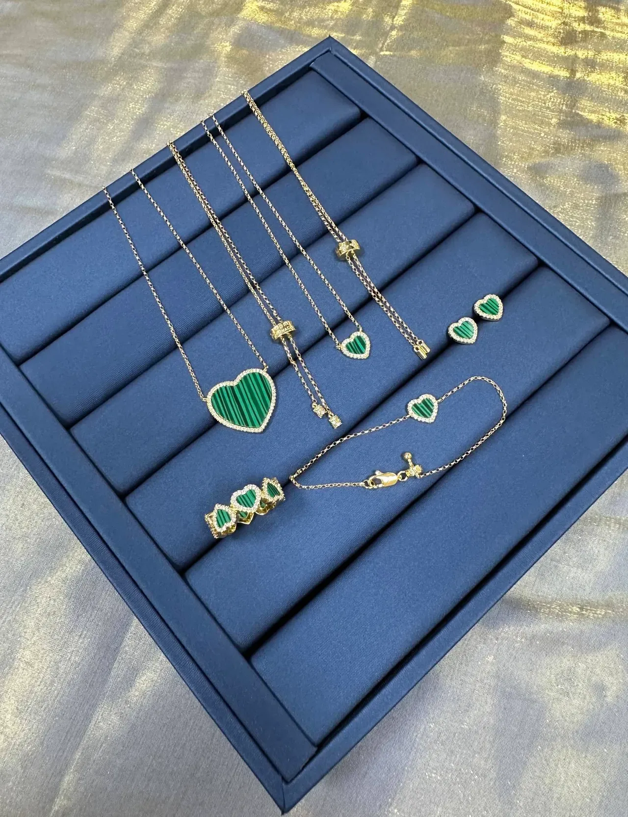 Heart-Shaped Malachite and Crystal Stud Earrings 6