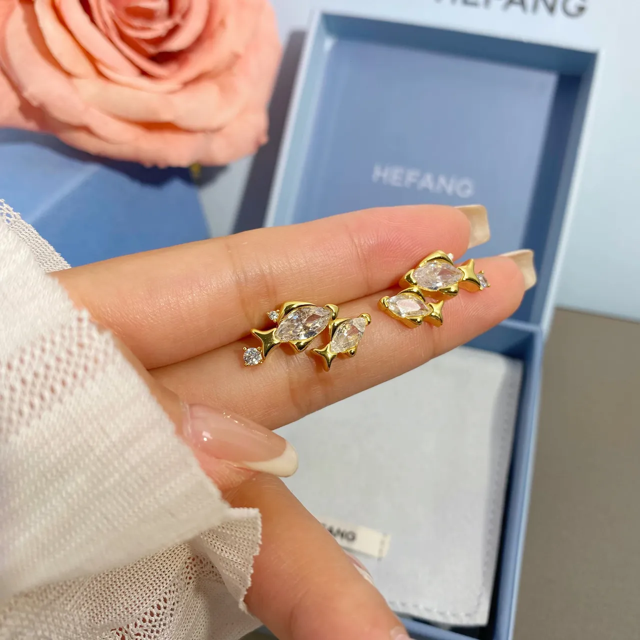 HEFANG Fish-Shaped Marquise-Cut Stone Gold-Tone Stud Earrings 2