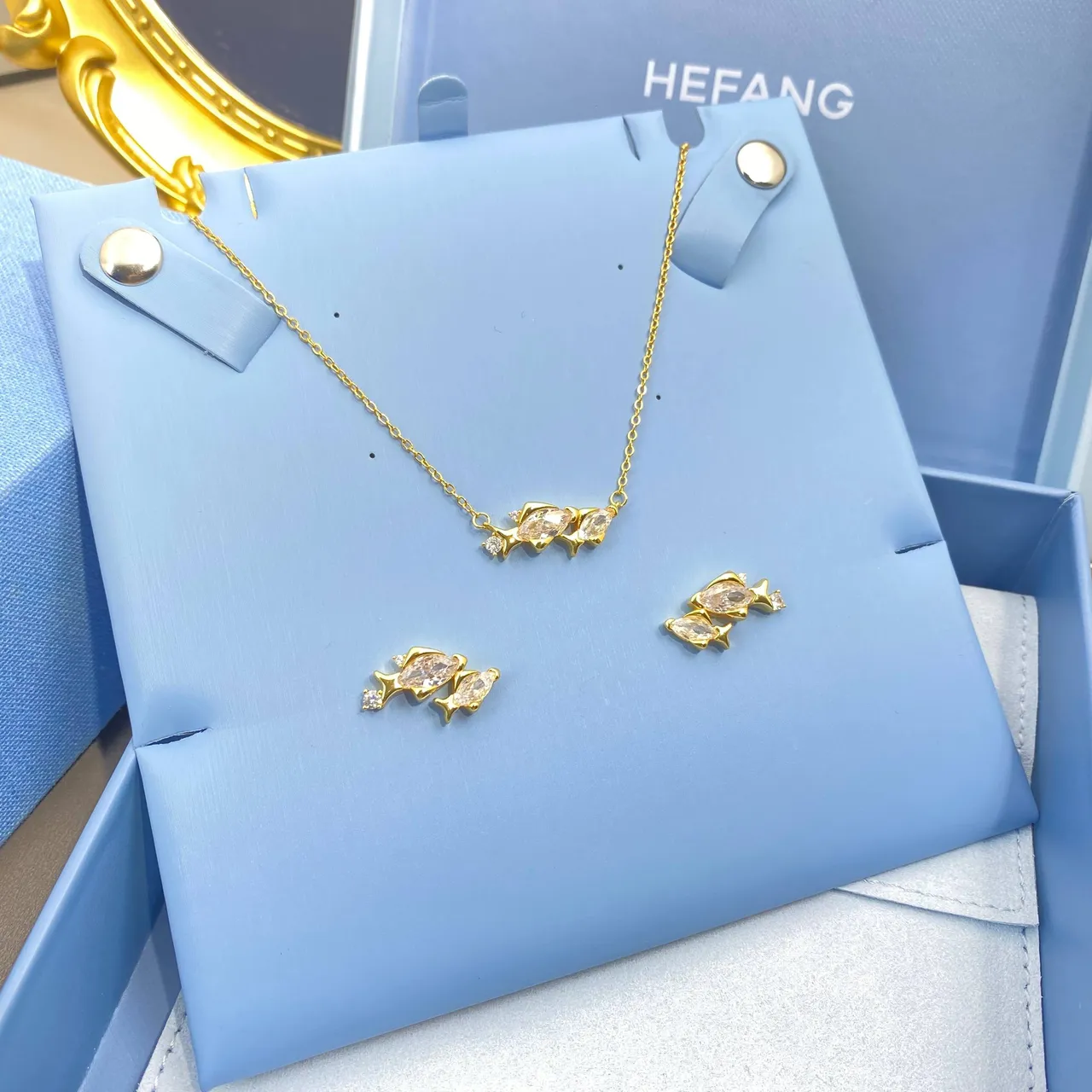 HEFANG Fish-Shaped Marquise-Cut Stone Gold-Tone Stud Earrings 5