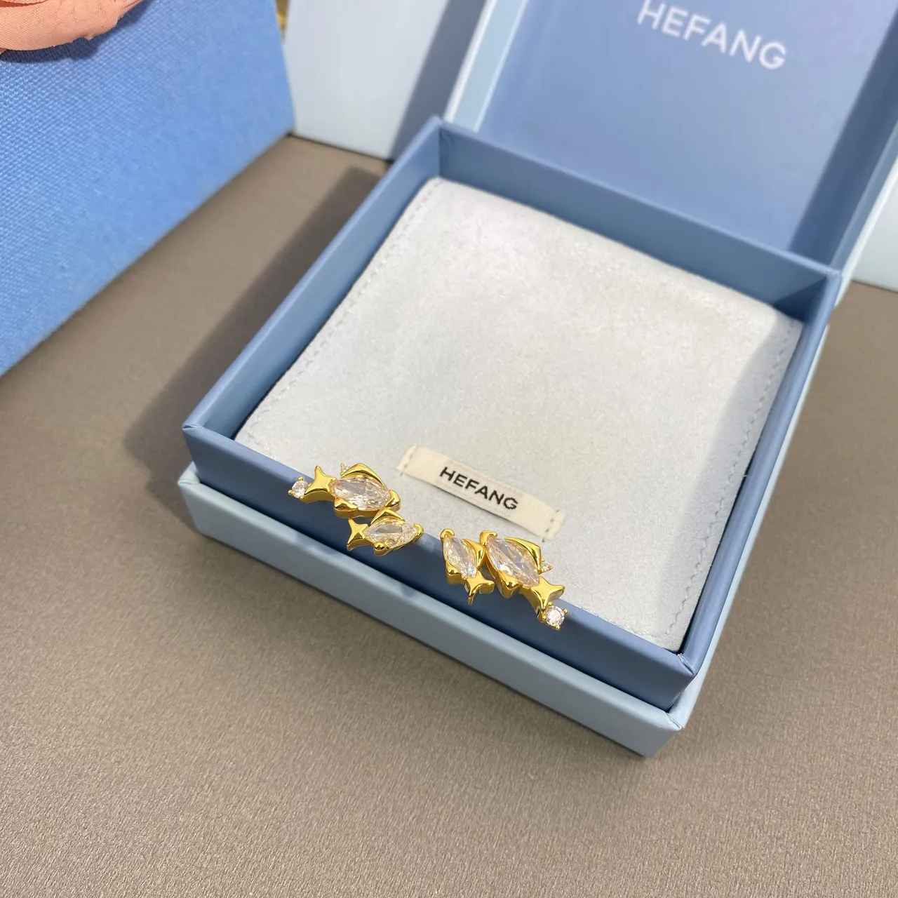 HEFANG Fish-Shaped Marquise-Cut Stone Gold-Tone Stud Earrings 6