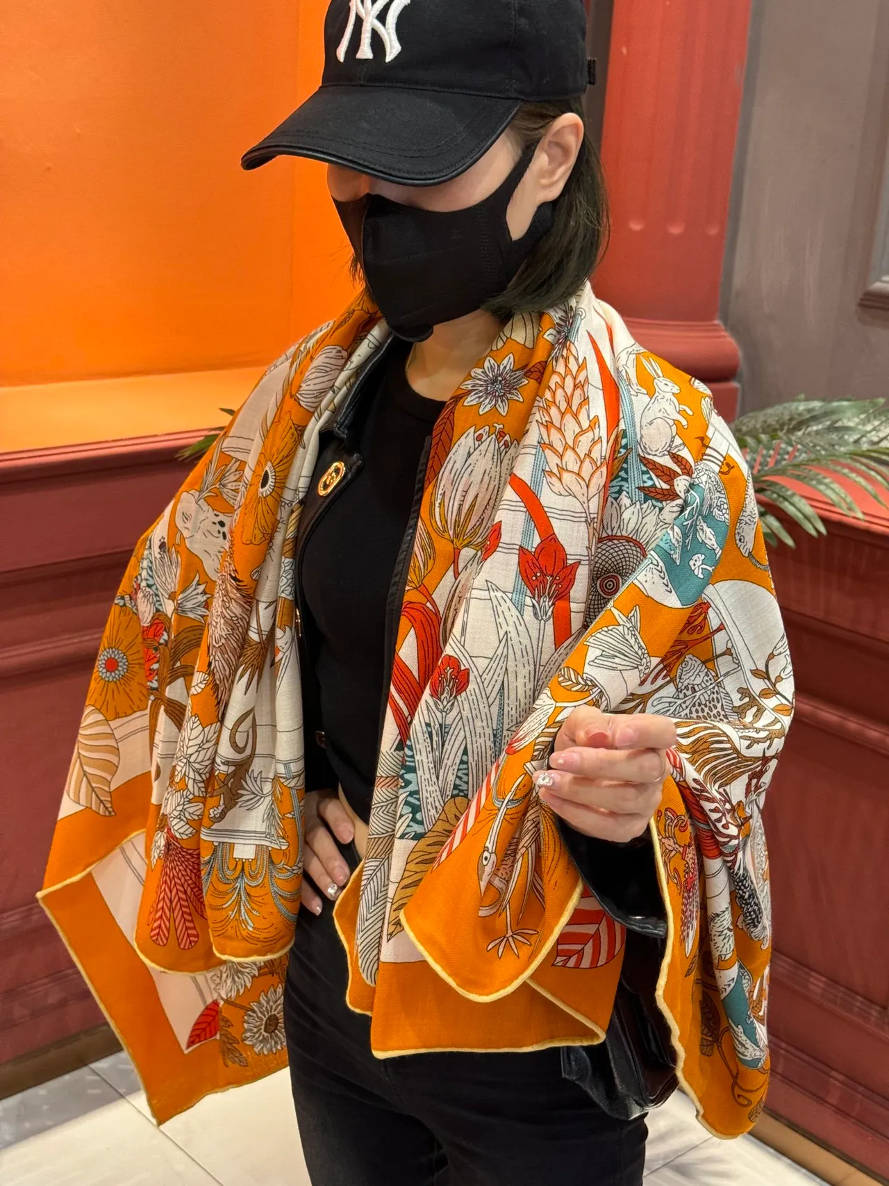 Illustrated Botanical-Zoological Motif Orange Silk Scarf 2
