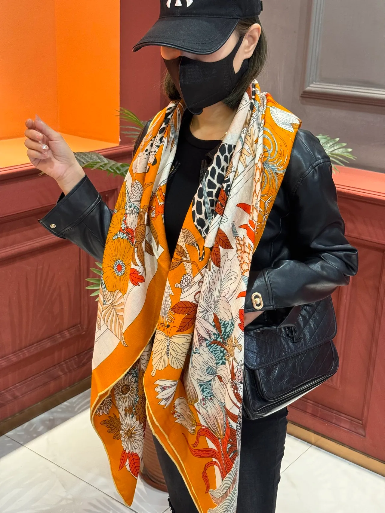 Illustrated Botanical-Zoological Motif Orange Silk Scarf 3