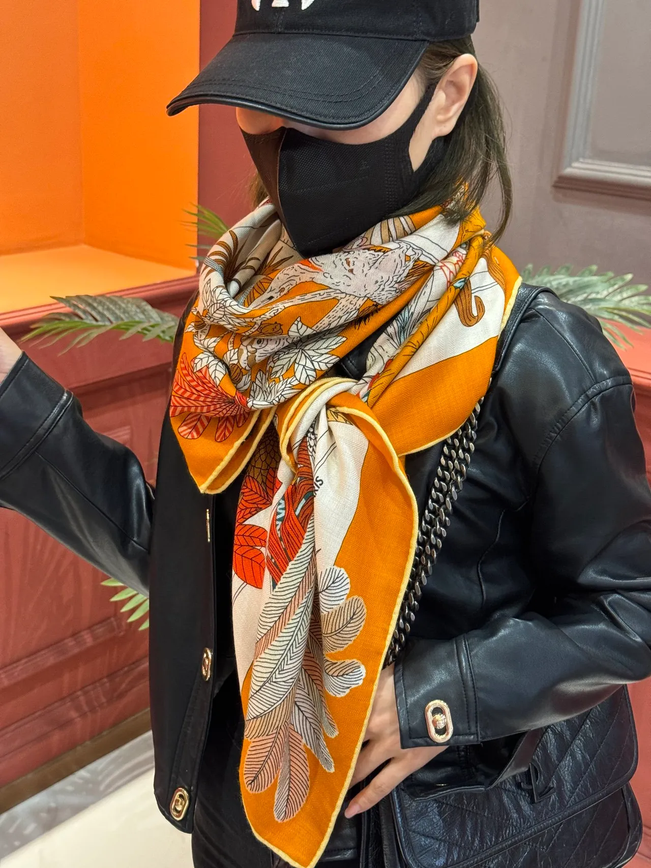 Illustrated Botanical-Zoological Motif Orange Silk Scarf 4