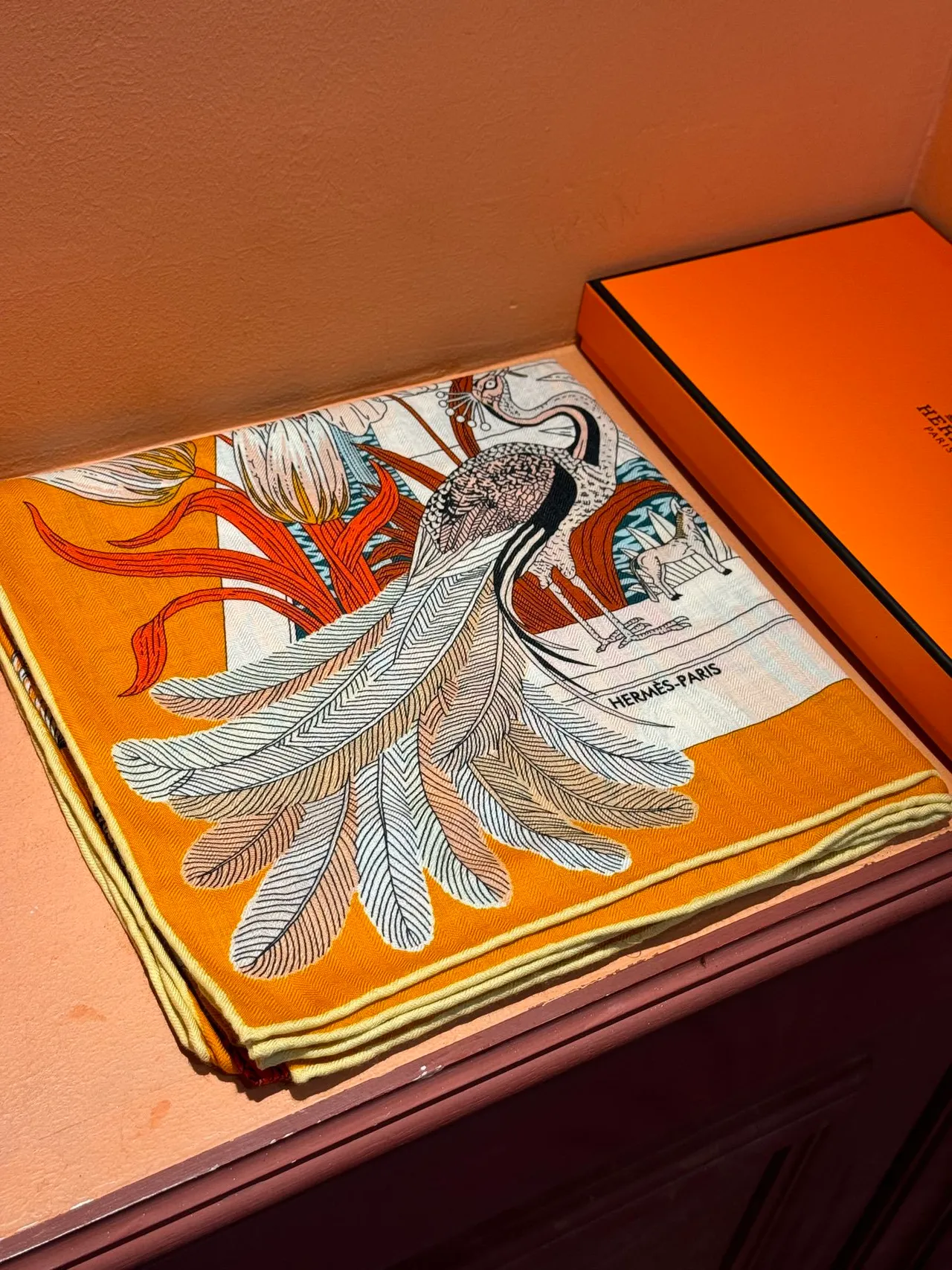 Illustrated Botanical-Zoological Motif Orange Silk Scarf 6