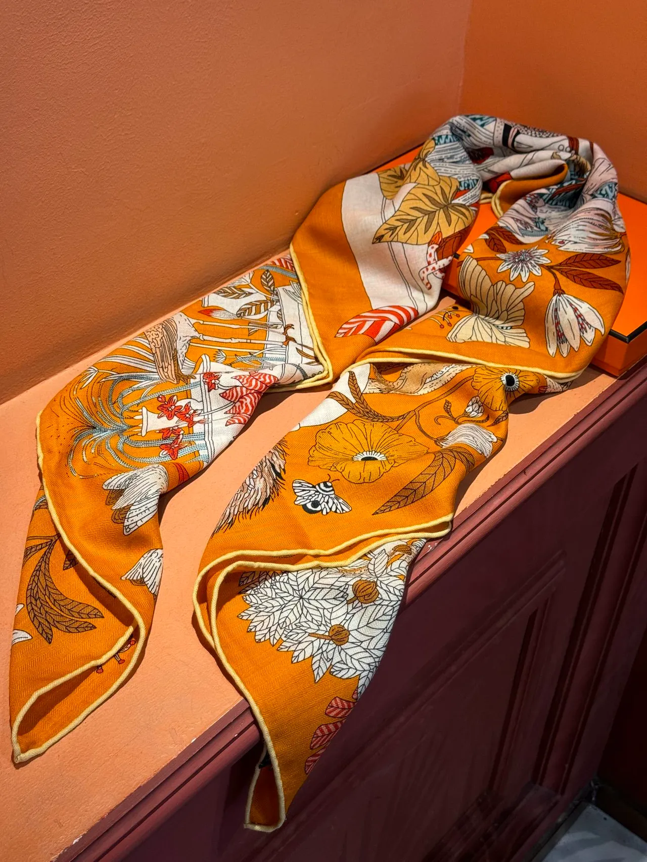 Illustrated Botanical-Zoological Motif Orange Silk Scarf 7