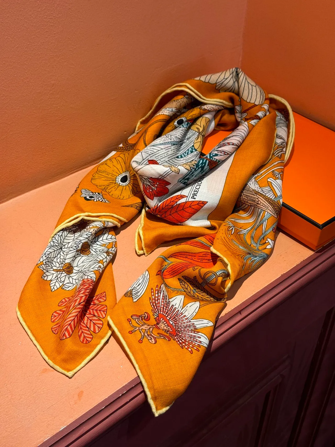 Illustrated Botanical-Zoological Motif Orange Silk Scarf 8