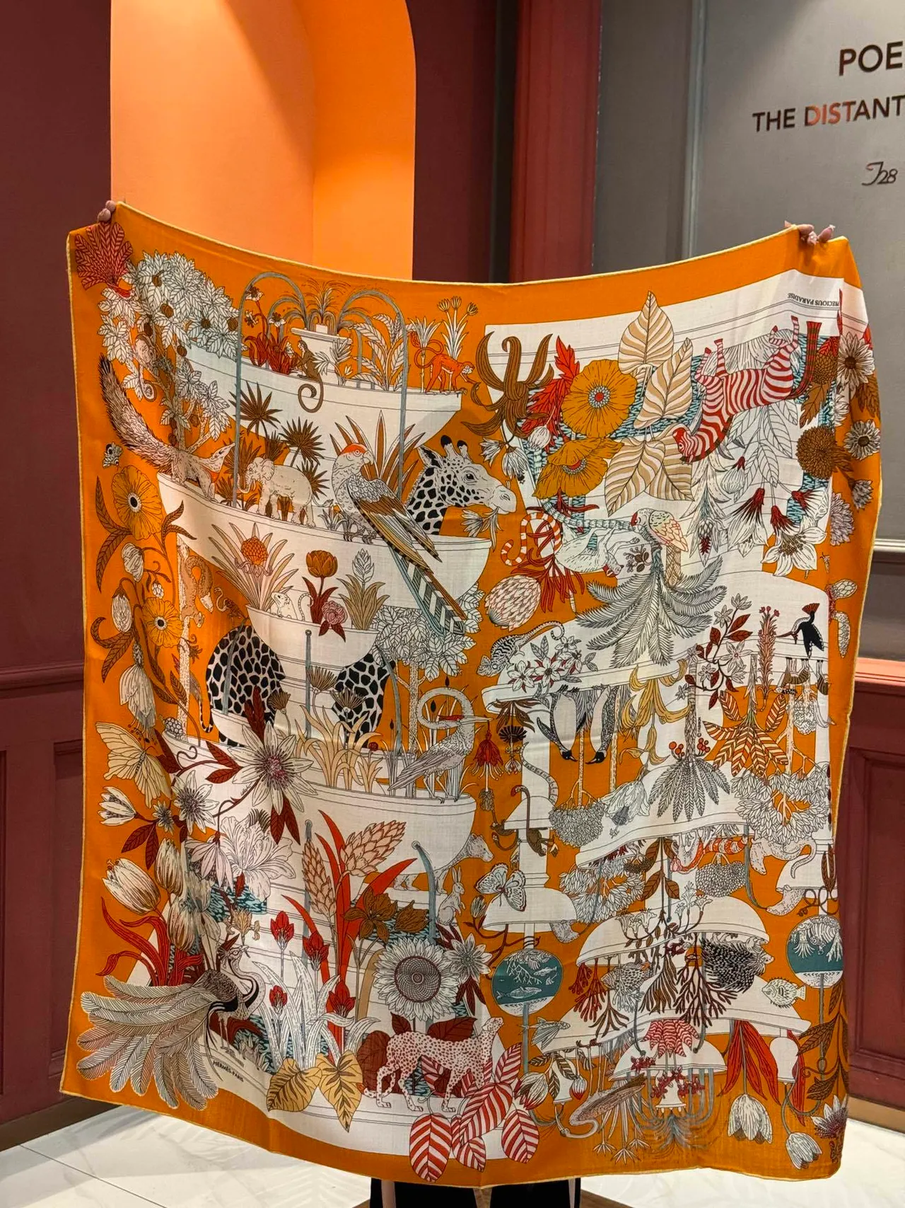 Illustrated Botanical-Zoological Motif Orange Silk Scarf 9