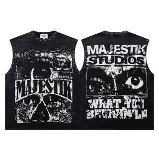 MAJESTIK Studded Screen-Printed Distressed Denim Vest Top