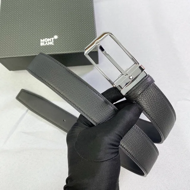 Montblanc Black Silver Reversible Textured Leather Belt 3