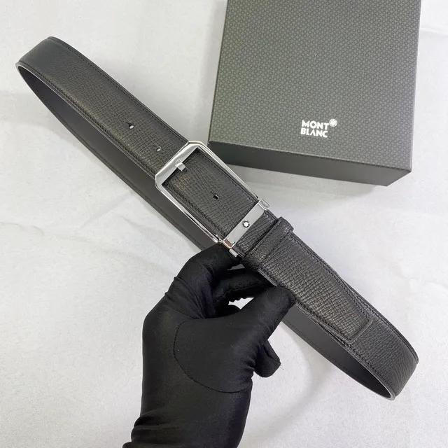 Montblanc Black Silver Reversible Textured Leather Belt 6