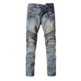 Moto-Panelled Distressed Medium-Wash Blue Jeans