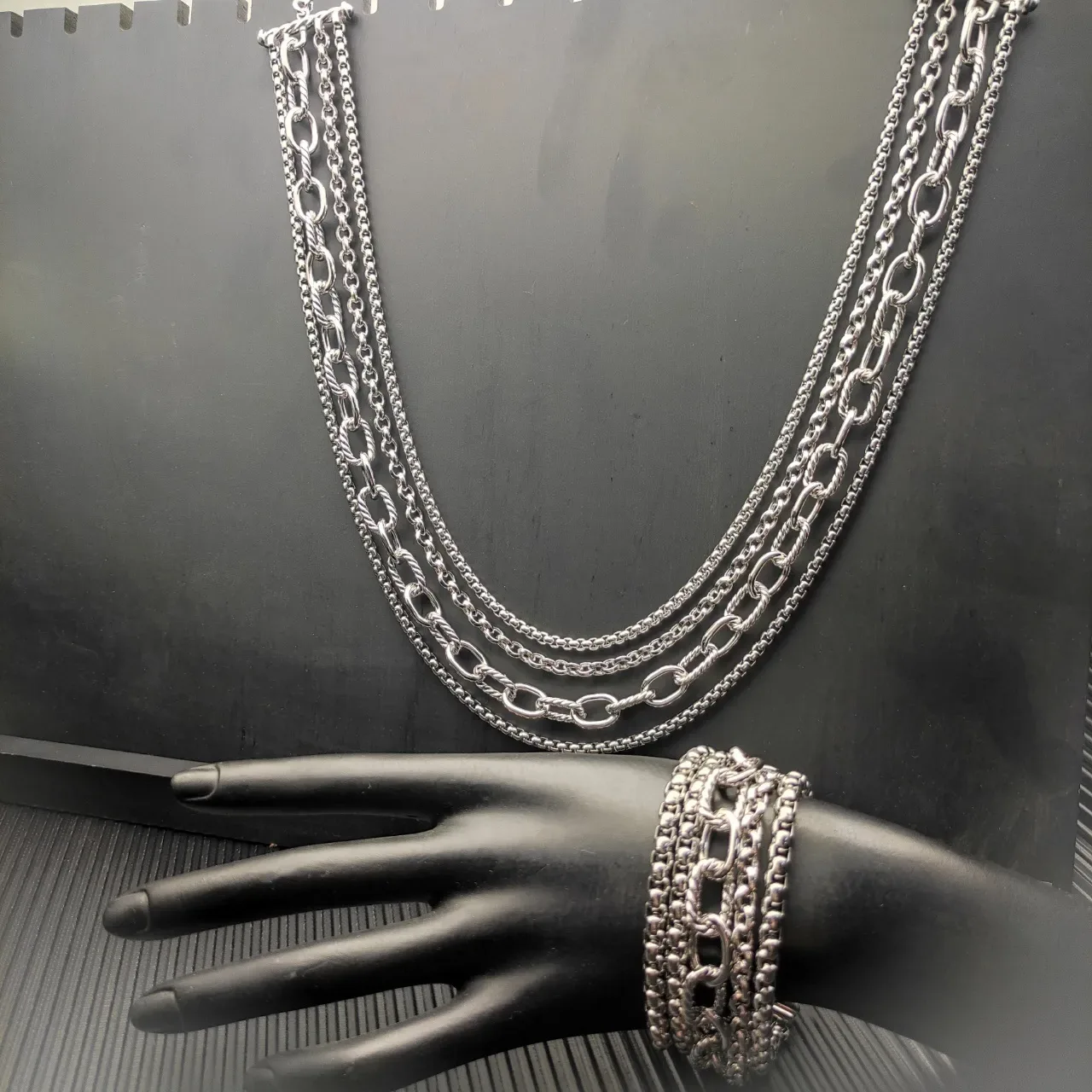 Multi-Strand Layered Chain Toggle Clasp Two-Tone Necklace 3