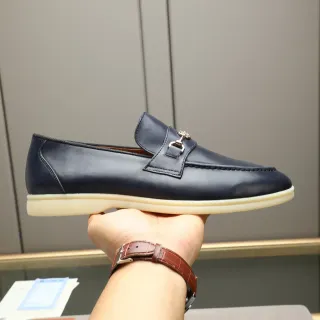 Loafer Navy Beige Couro Fivela Horsebit