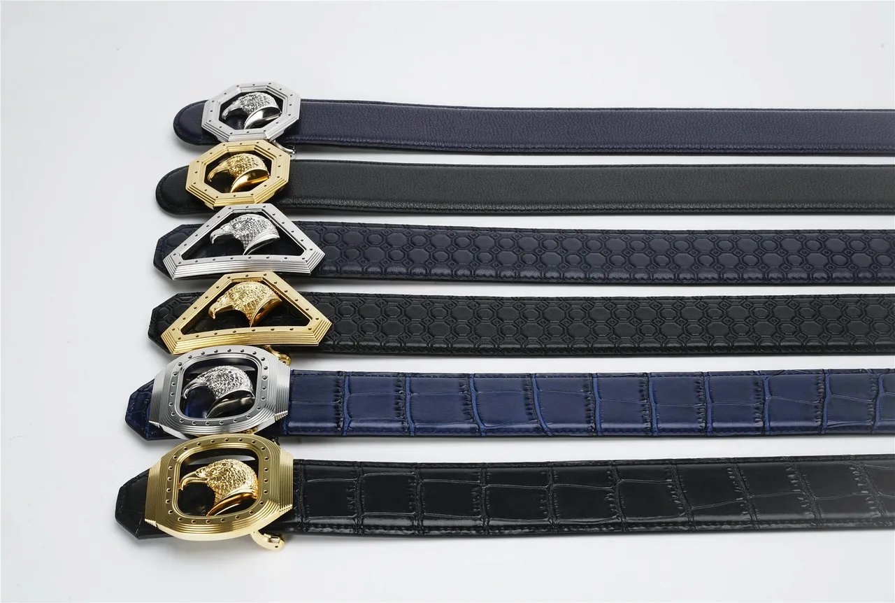 Navy Silver Crocodile-Embossed Eagle-Head Buckle Leather Belt 2