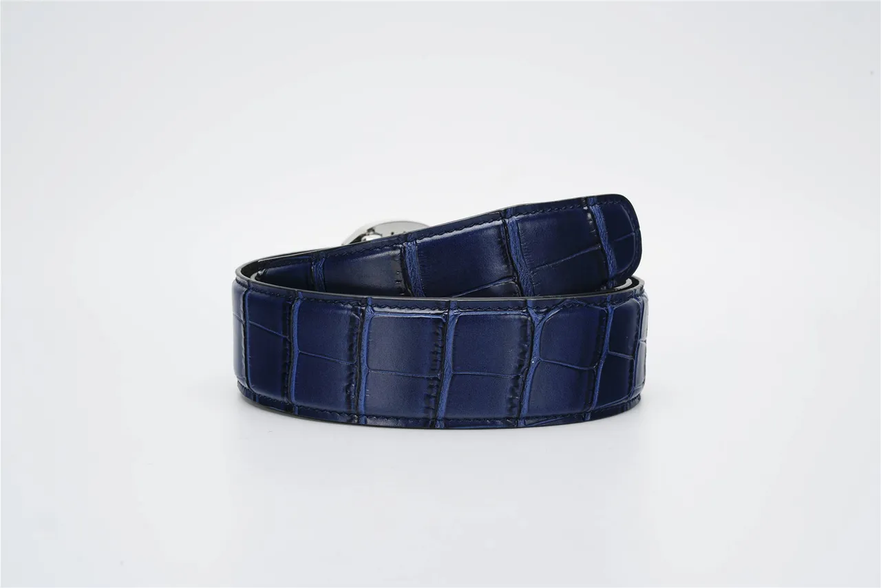 Navy Silver Crocodile-Embossed Eagle-Head Buckle Leather Belt 3
