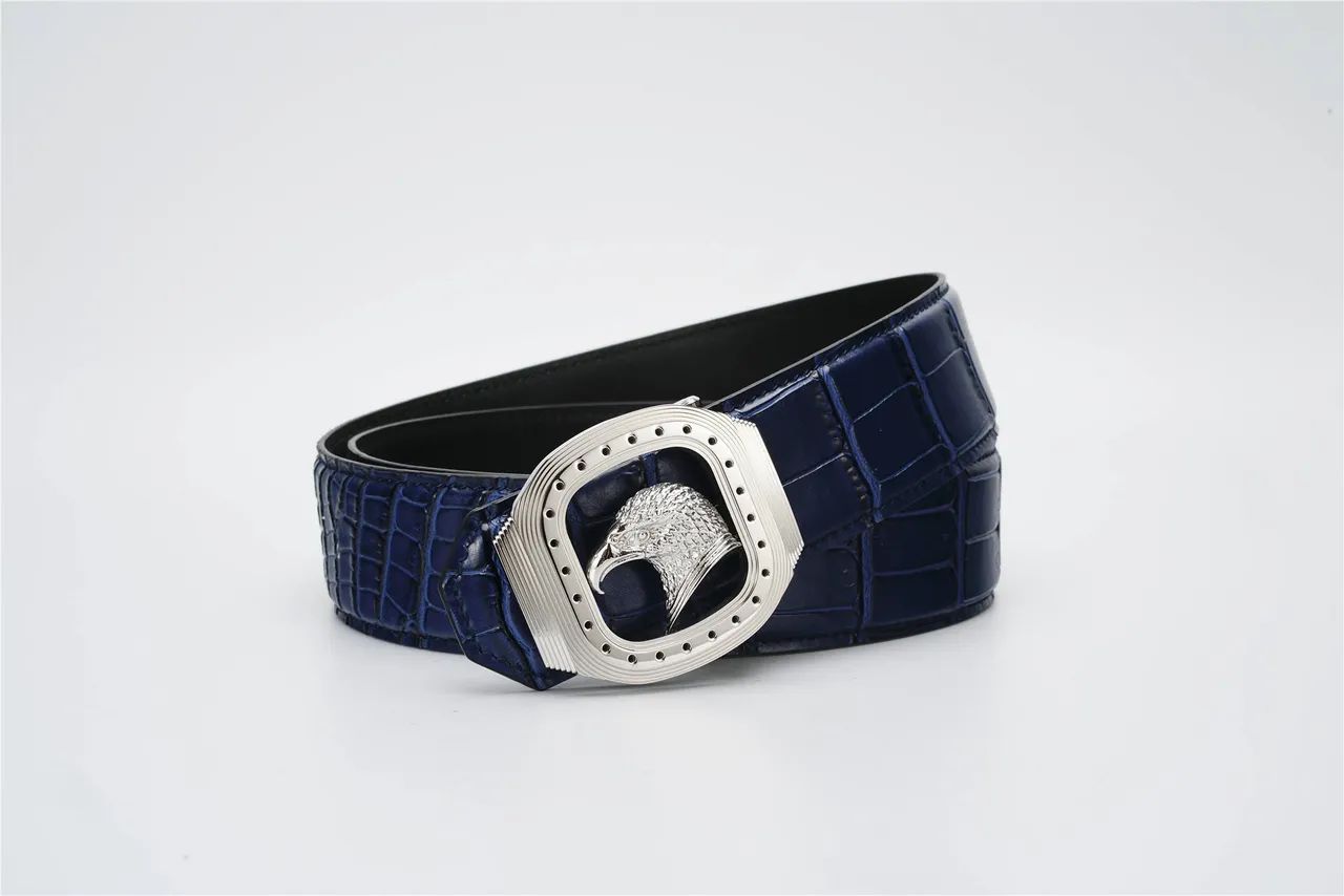 Navy Silver Crocodile-Embossed Eagle-Head Buckle Leather Belt 4