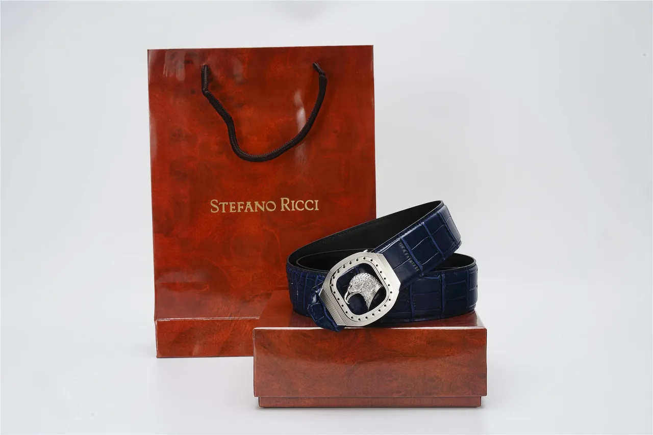 Navy Silver Crocodile-Embossed Eagle-Head Buckle Leather Belt 5
