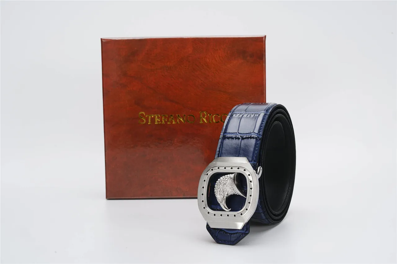 Navy Silver Crocodile-Embossed Eagle-Head Buckle Leather Belt 6