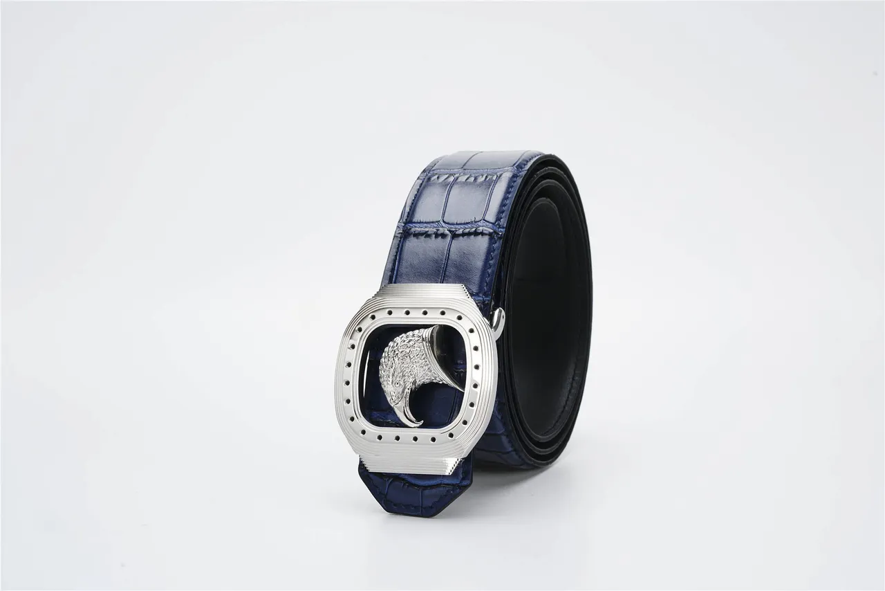 Navy Silver Crocodile-Embossed Eagle-Head Buckle Leather Belt 7