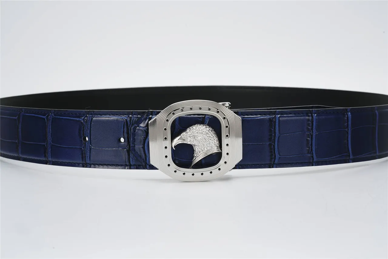 Navy Silver Crocodile-Embossed Eagle-Head Buckle Leather Belt 8