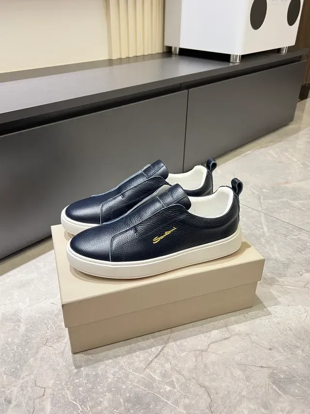 Navy White Leather Slip-On Gold Script Logo Sneakers 5