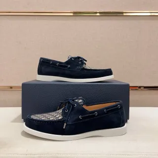 Navy White Suede Monogrammed Toe Cap Boat Shoes