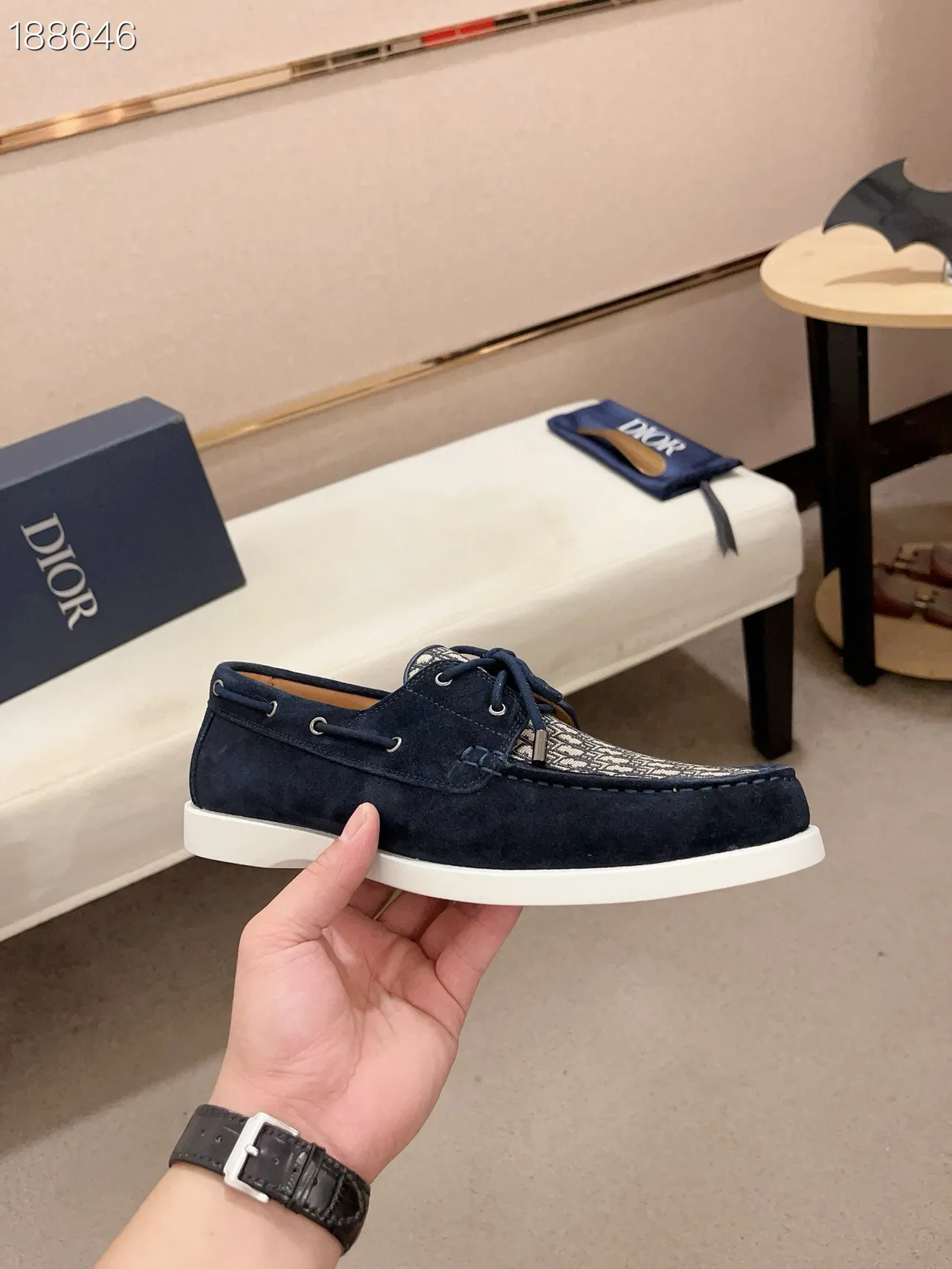 Navy White Suede Monogrammed Toe Cap Boat Shoes 6