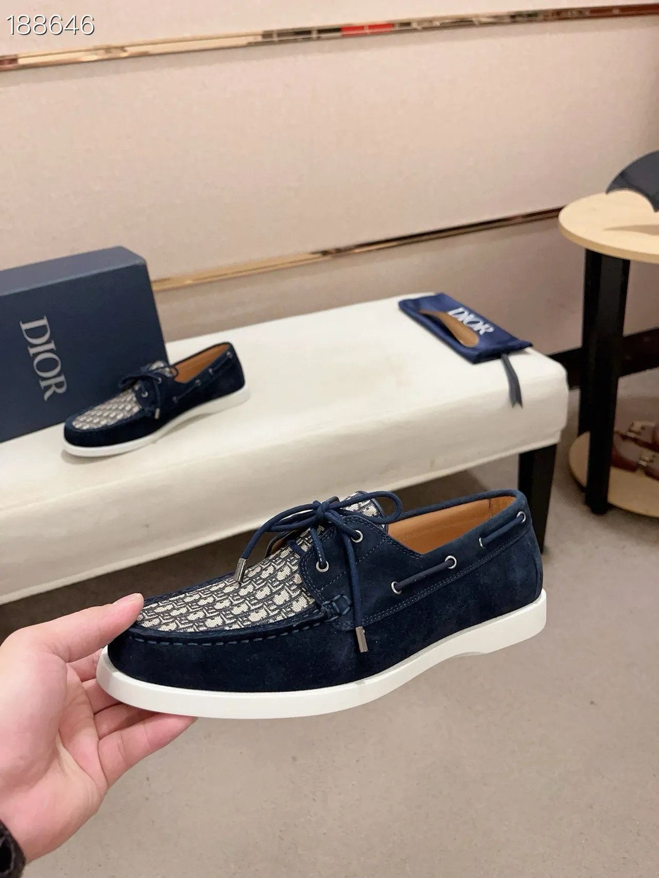 Navy White Suede Monogrammed Toe Cap Boat Shoes 7
