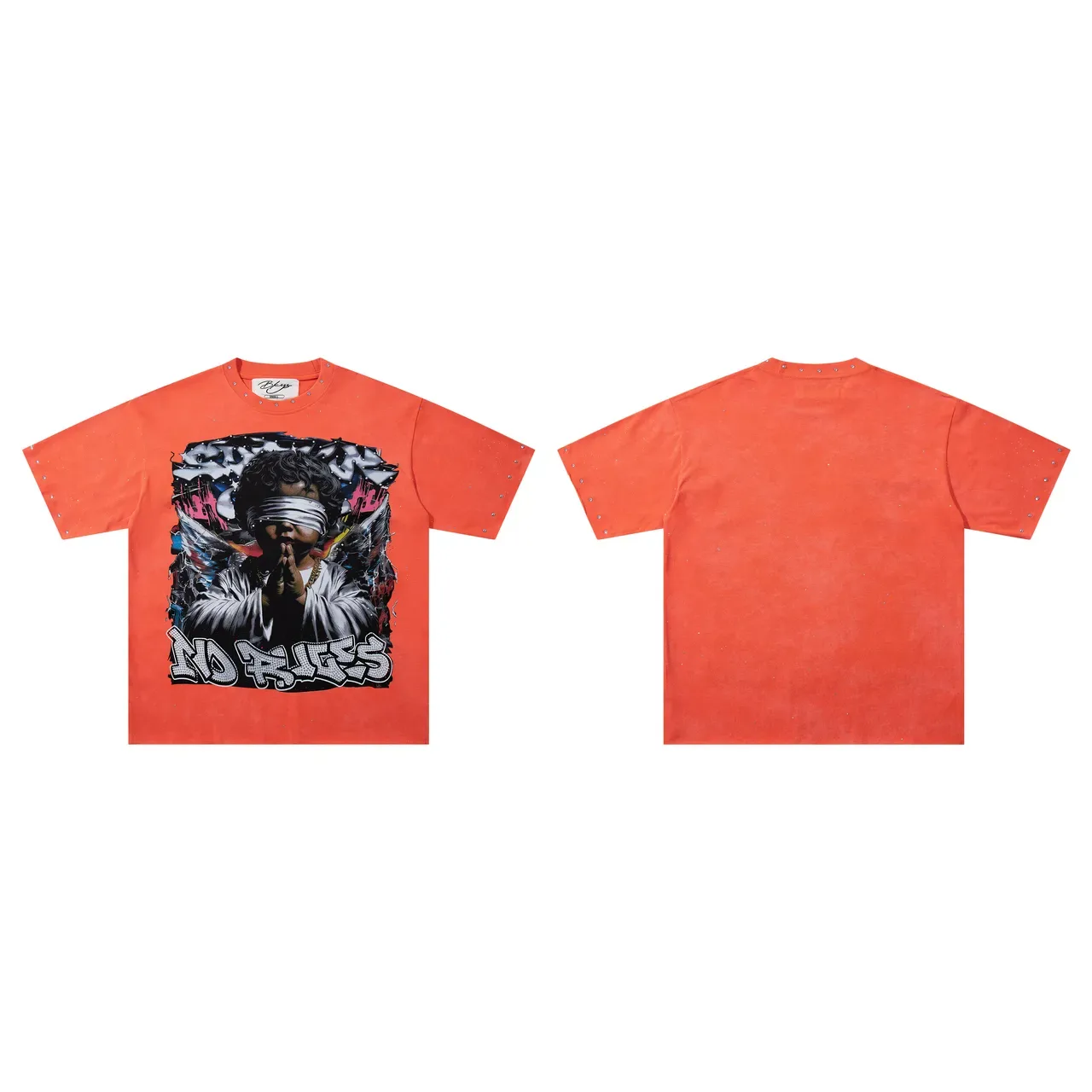 Orange Graphic-Print Studded Oversized T-Shirt 2