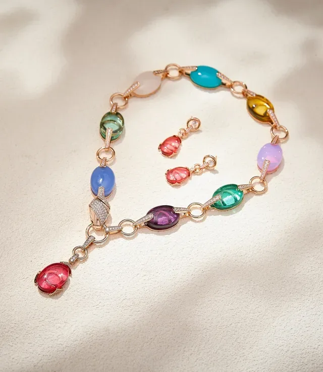 Pink Gold Drop Oval Cabochon Gemstones Earrings 2