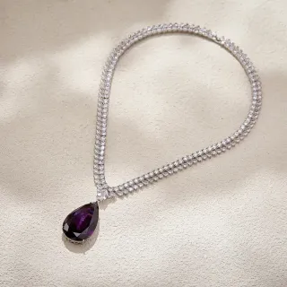 Collier pendentif goutte de larme violet argenté pavé chaîne double rangée