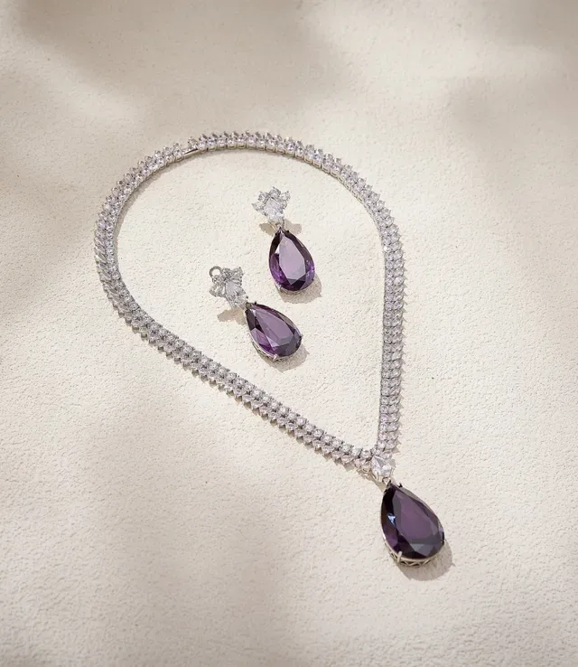 Purple Silver Teardrop-Cut Pendant Pavé-Set Double-Row Chain Necklace 6