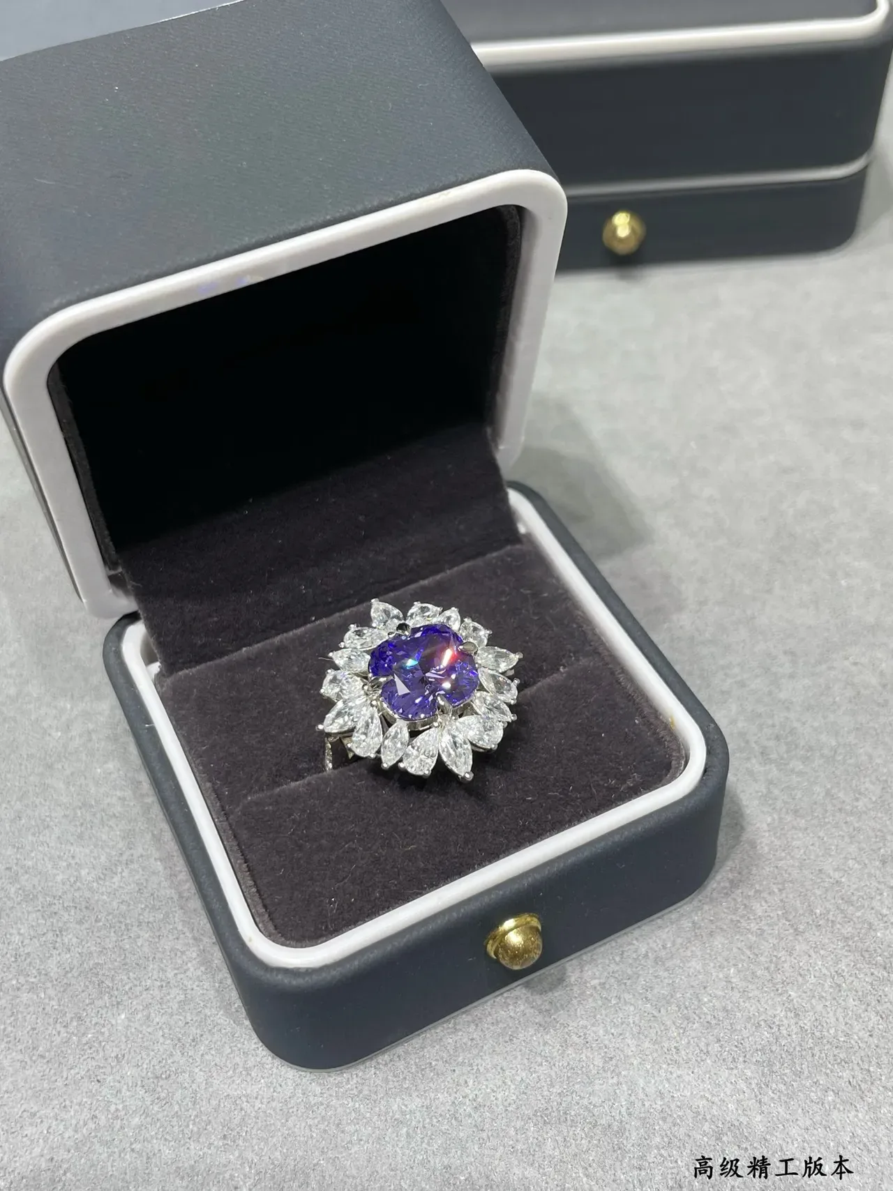 Purple White Floral Halo Pear-Cut Surround Ring 3