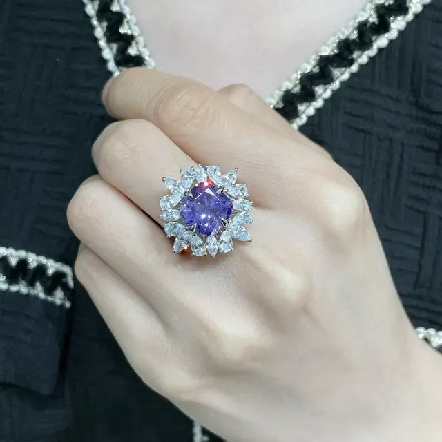 Purple White Floral Halo Pear-Cut Surround Ring 9